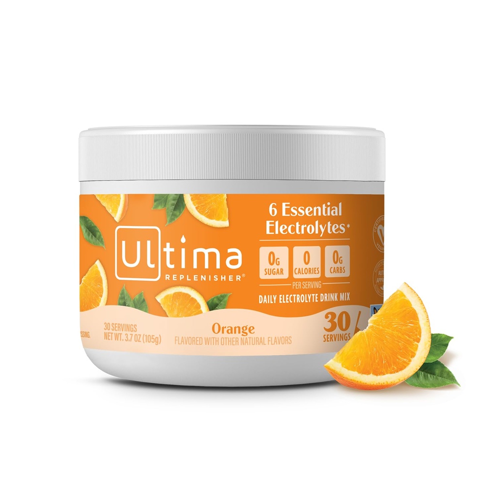 Ultima Replenisher Daily Electrolyte Powder Drink Mix - Sugar Free - Orange, 30 Servings - Hydration Powder with 6 Key Electrolytes and Trace Minerals - Keto Friendly, Vegan, Non- GMO