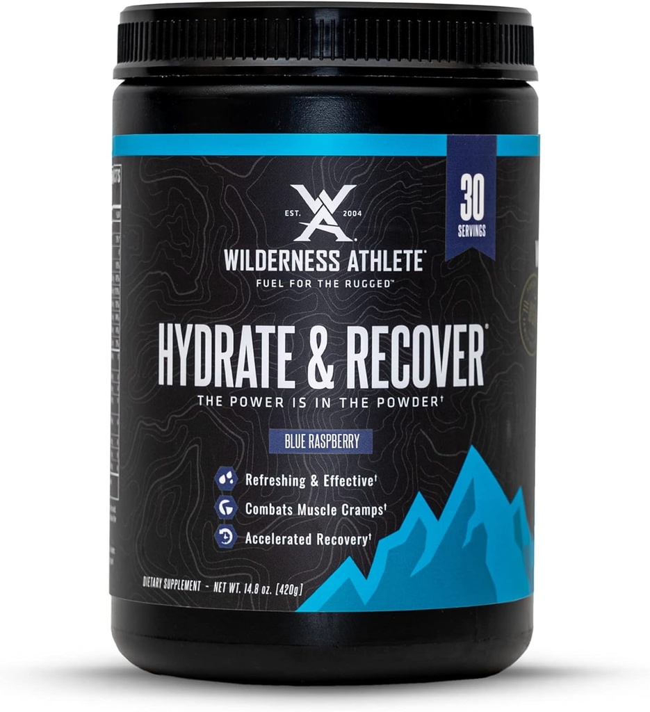Wilderness Athlet - Hydrate & Recover- 124; Tekutá hydratace prášek Electrolyte Drink Mix - Recover Faster with Bcaas - Hydrate Powder with 1000mg vitaminu C - 30 Serving Tub (Blue Raspberry)