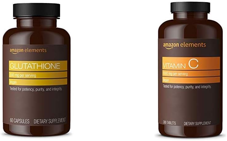Prvky Glutathione, 500mg, 60 Kapsle, 2 měsíční zásoba a vitamín C 1000mg, Vegan, 300 tablet, 10 měsíční zásoba