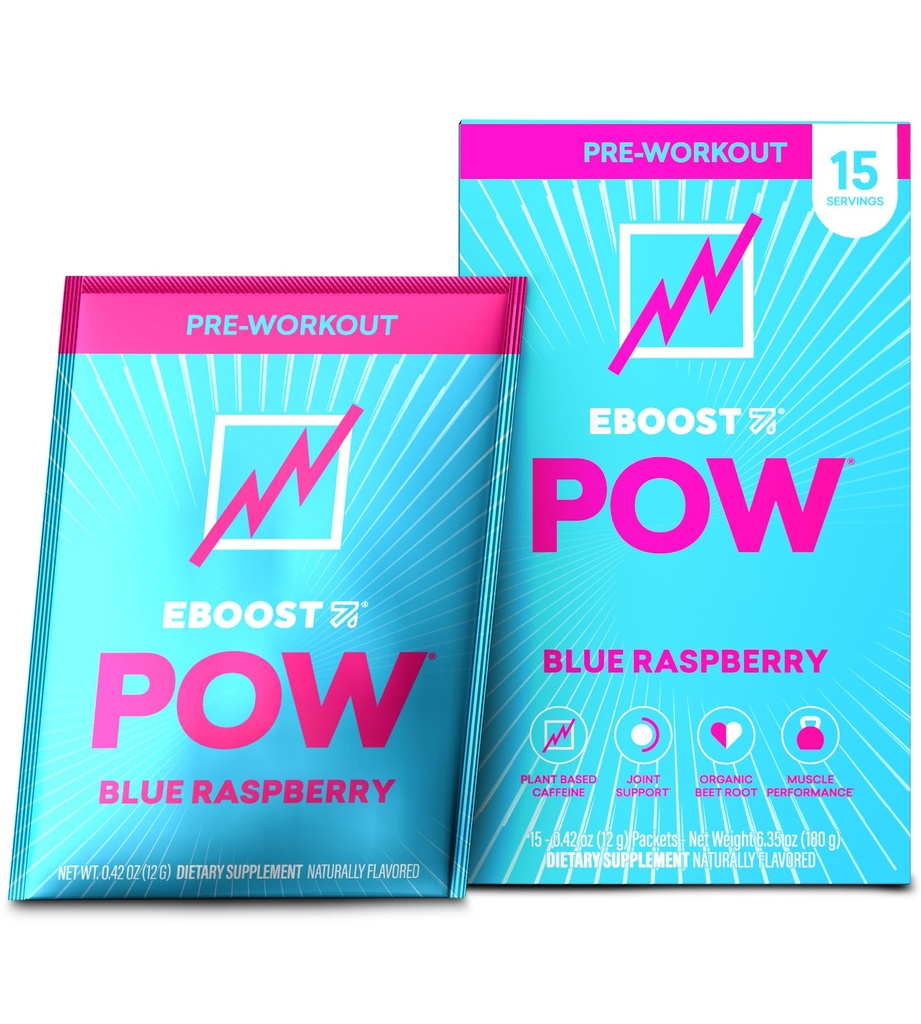 EBOOST POW Natural Pre Workout Powder - 15 Packets, Blue Raspberry - Předcvičení Energy Booster Gym dodatek Drink Mix pro muže a ženy - Výkon, Společná podpora mobility - gluten- zdarma