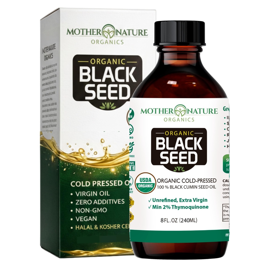 Matka příroda USDA Organic Black Seed Oil, High TQ 2%, Cold Pressed, Nerafinovaná Nigella Sativa, Omega 3 6 9 pro imunitní, Joint & Heart Support, Hair & Skin, Non- GMO, Skleněná láhev (8oz)