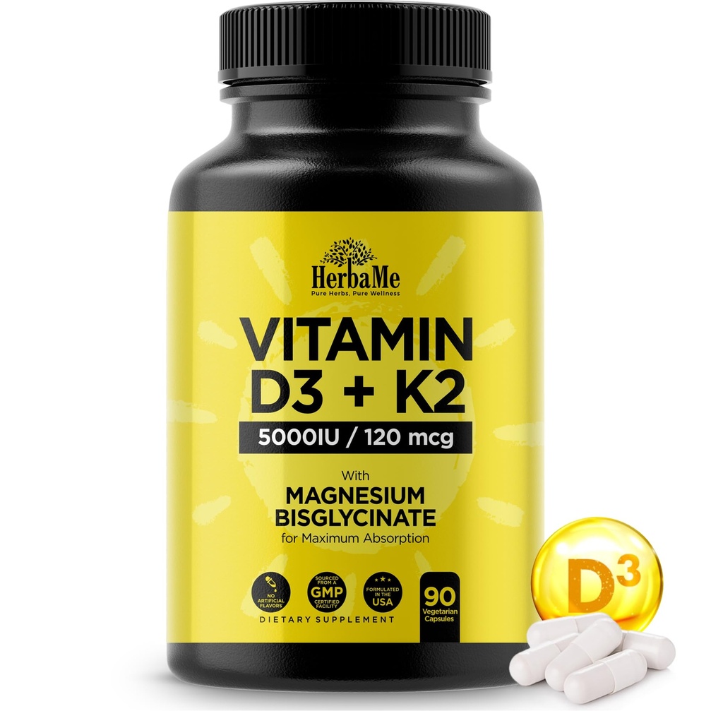 Vitamin D3 5000 IU + K2 s magnesium- bisglycinátem pro Max Absorpce 124; 90 Kapsle 124; Imunitní podpůrná léčba 124; Promotes Heart, Bone and Muscle Health
