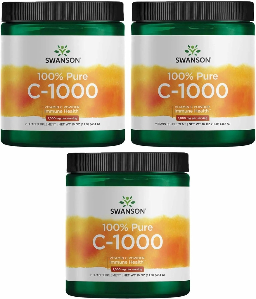 Swanson Vitamin C Powder 100% Čistá kyselina askorbová, Podpora imunitního systému, Zdraví kůže, Kardiovaskulární zdraví, Antioxidant dodatek 1000 mg (per Serving) 1 LB. 454 g (3 balení)