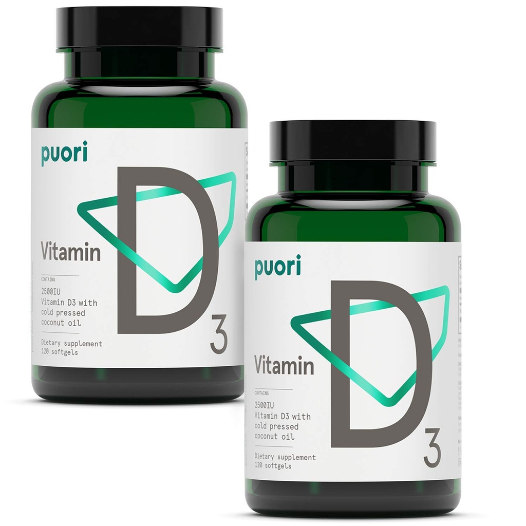 Puori Vitamin D3 Softgels, 2500 IU (62, 5 mcg) - Rychlé absorbování Vitamin D3 Doplňky pro podporu imunitního systému, zdraví kostí a hustoty a zdravé svalové funkce - Non- GMO & Gluten- Free - 240 Počet