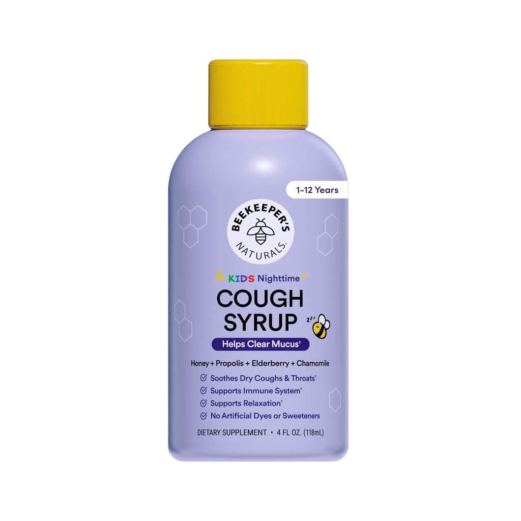 Beekeer 's Naturals Propolis Honey Cough Syrup Nighttime for Kids Imunitary Support with Propolis, Elderberry & Raw Honey - Sleep Support with Heamomile & L-Theanine - Gluten Free, 4 oz.
