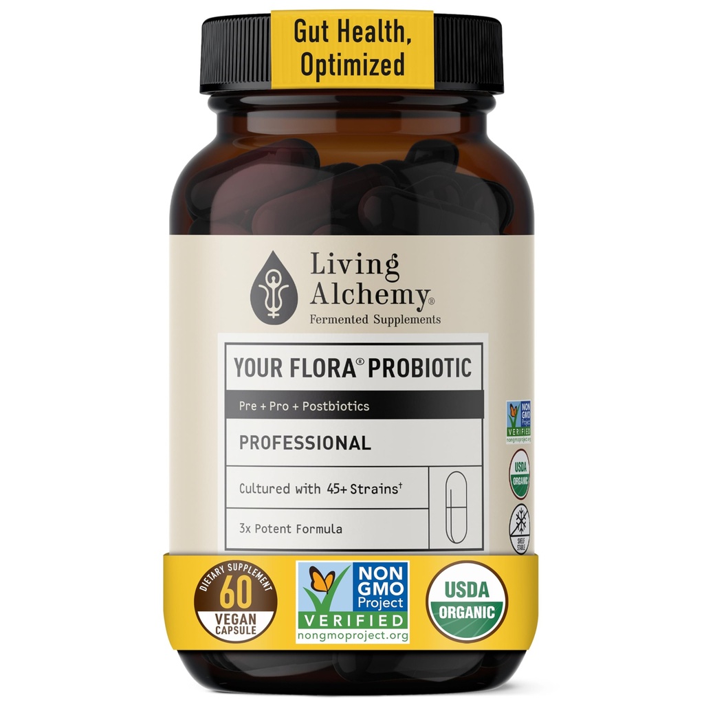 Living Alchymy Gut Zdravotní doplňky pro muže a ženy - Flora Probiotic Professional Digestion Dodatek s fermentované sójové boby, Prebiotika, Digestivní enzym - Vegan, Non- GMO, 60 Pcs