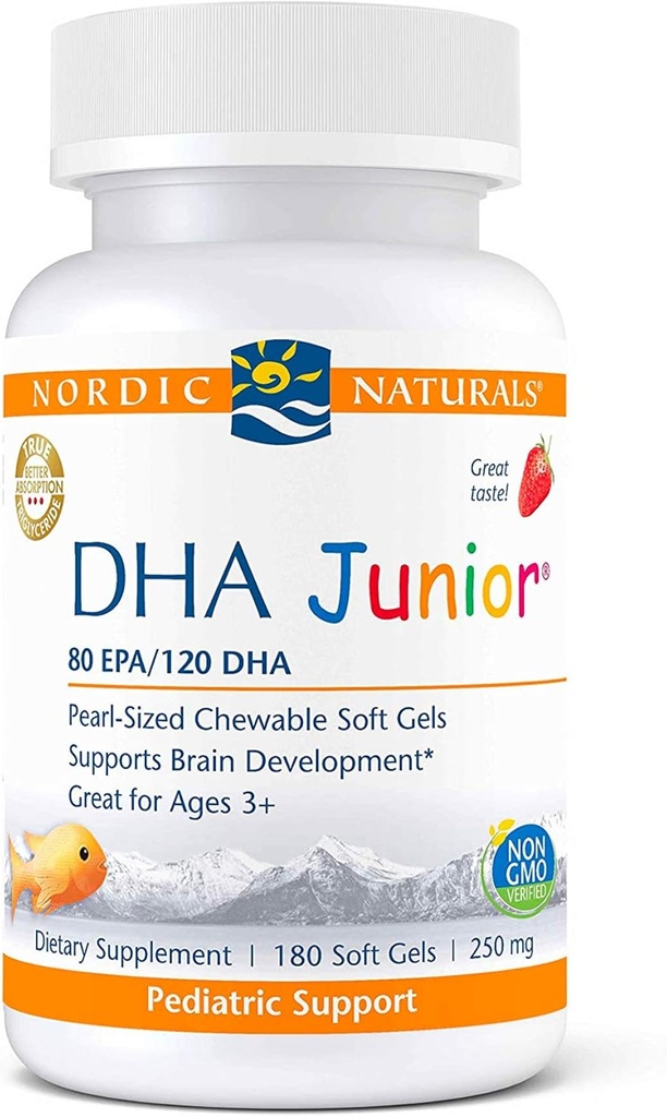 Nordic Naturals Pro DHA Junior, Strawberry - 180 Mini žvýkací měkké gely - 250 mg Omega-3s s EPA & DHA - Vývoj mozku & Vizuální funkce - Non- GMO - 45 Servings