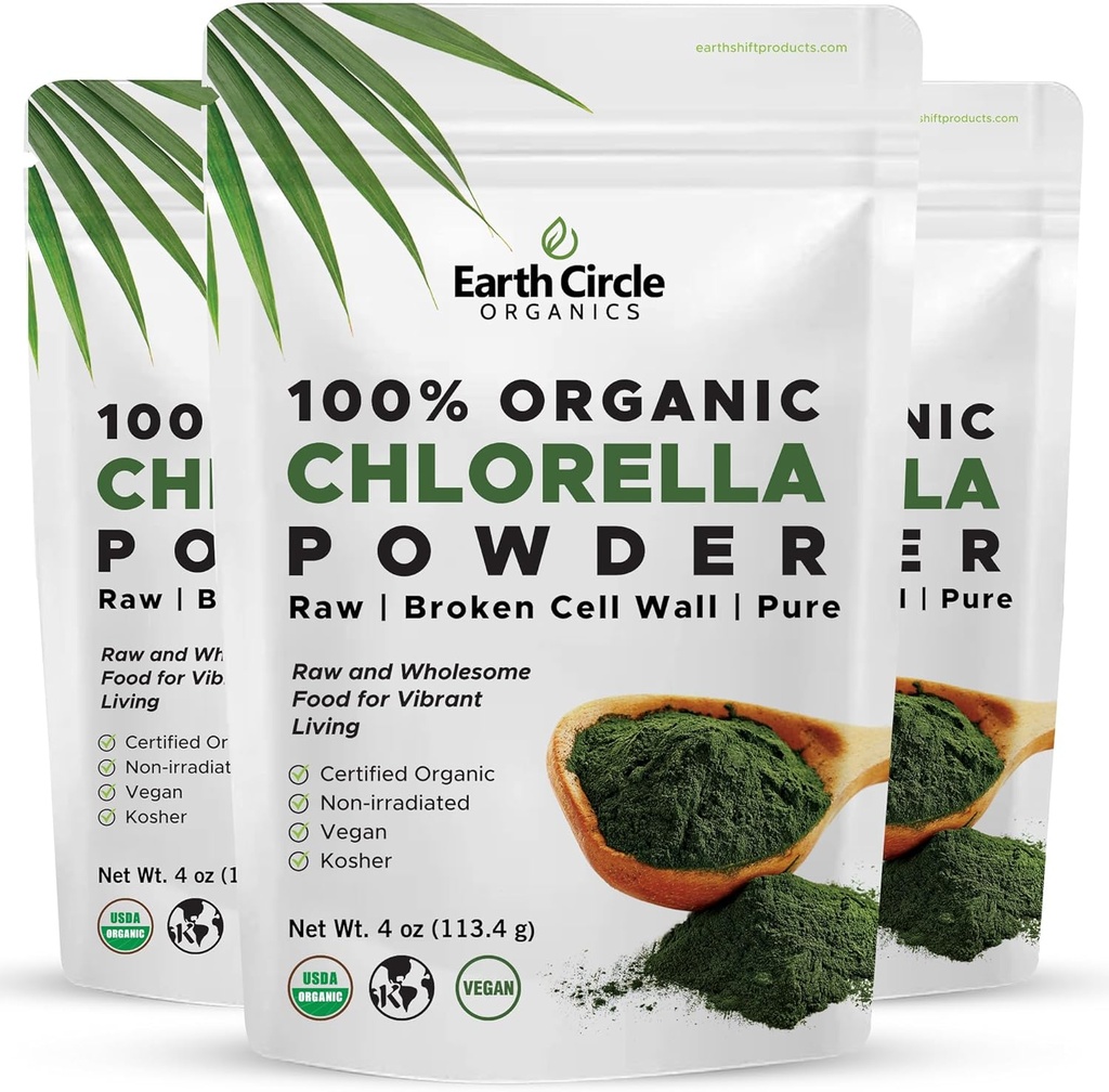 Earth Circle Organics Organic Chlorella Powder Superfood 124; Kosher CLANER 124; Broken Cell Wall chlorofyl, Vegan, Super Green Algae, Clean Chlorella, High in Protein, Fiber & Amino Acids - 4oz (3 balení)