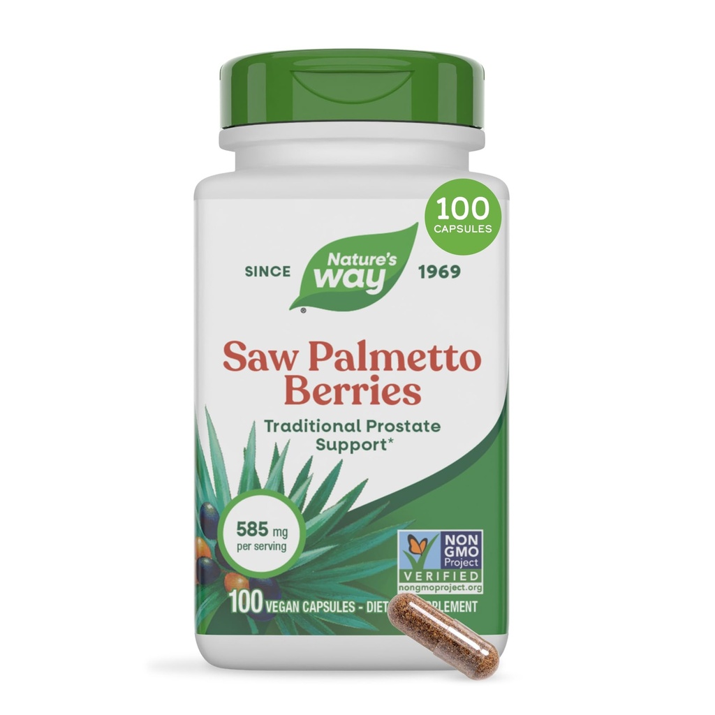 Nature 's Way Saw Palmetto Berries, Traditional Prostate Support *, 585 mg na porci, non-GMO projekt ověřený, Vegan, 100 Kapsle (Balení květen Vary)