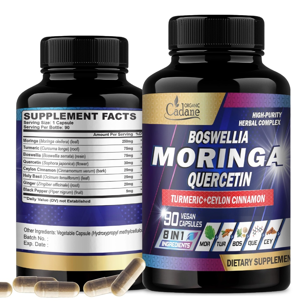 Organic Cadane Moringa Leaf s turmeric, Boswellia, Quercetin, Ceylon Skořice, Svatá bazalka, Zázvor a Black Pepper - 8in1 Doplňky - 90 Veggie Kapsle pro 3- Month Supply