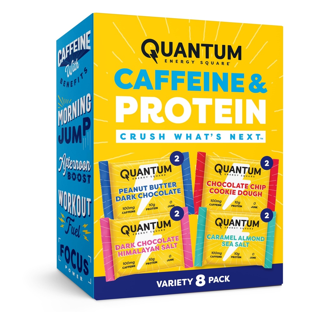 Quantum Energy Square: Energy Bar s kofeinem & 10g protein. Delicious Health Snack On The Go. (Vegan, gluten- free, Soy- free, Dairy- free) (Variety 8-Pack)
