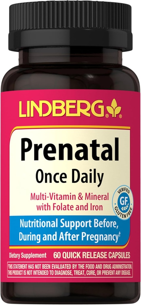 Lindberg Prenatal Vitamíny pro ženy 124; 60 Kapsle 124; Multivitaminy a minerály se železnou a listovou kyselinou 124; Denní dodatek 124; Non- GMO, gluten zdarma