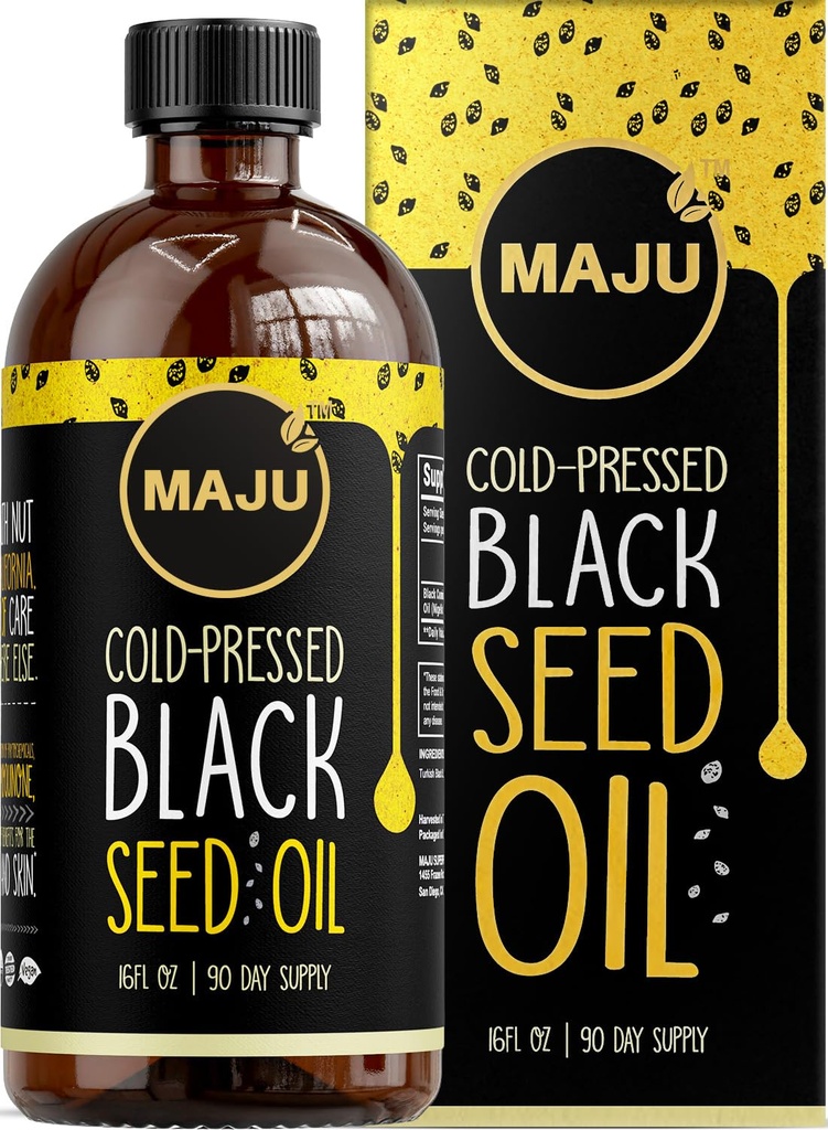 Black Seed Oil MAJU 16oz: 3X Thymoquinone, Cold Pressed, 100% Turkian Black Cumin Nigella Sativa Seed Oil (Better Than Organic), Non- GMO, 100% Liquid Pure Blackseed Oil, Glass Bottle
