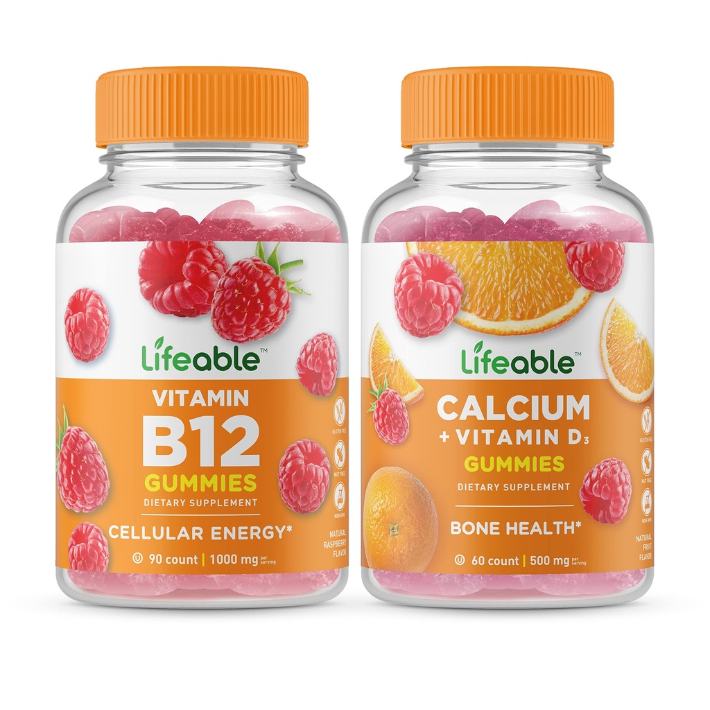 Živý vitamín B12 + vápník s vitaminem D, Gummies Bundle - Velký příchuť, doplněk vitamínu, gluten zdarma, GMO zdarma, žvýkací