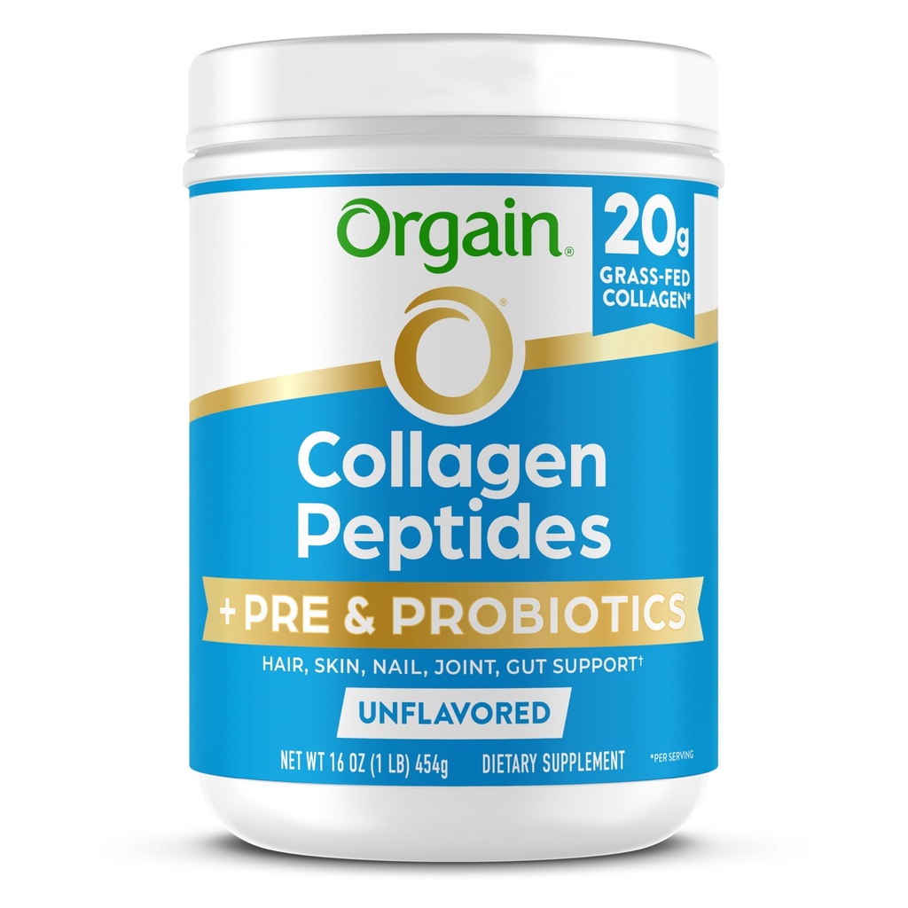 Orgain Hydrolyzované Kolagen Peptidy + Prebiotické a Probiotika Prášek pro ženy a muže, 20g Trass Fed Kolagen, 1 Milion CFU - Podporuje stravovací, vlasy, kůže a společné zdraví, Non- GMO, Typ I & III, 1lb