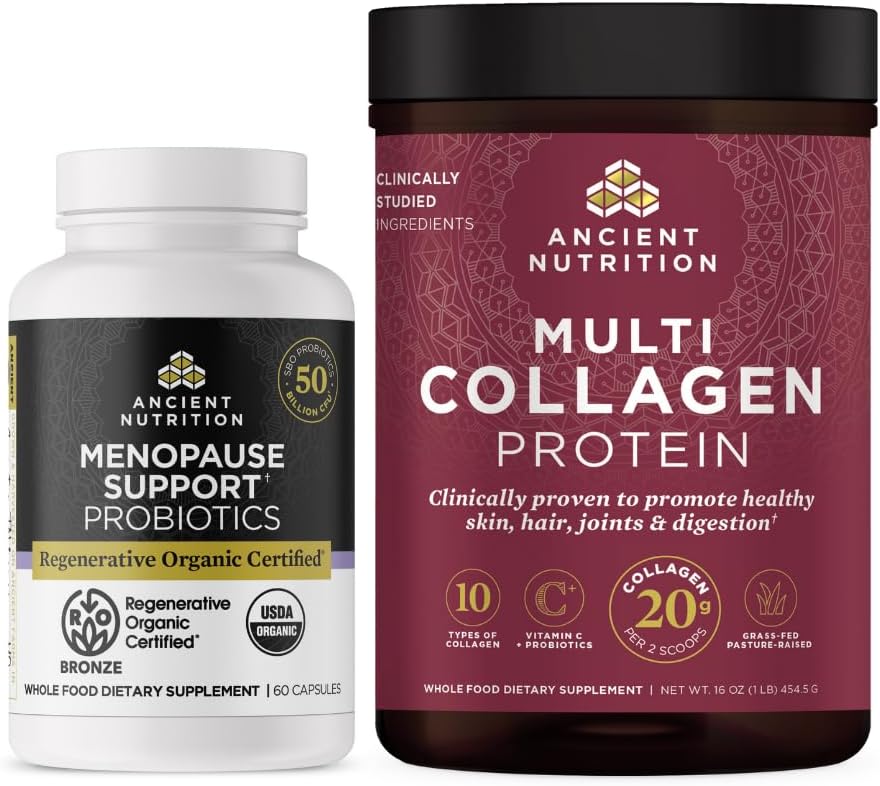 Starověké nutriční regenerativní organická certifikovaná probiotika pro menopauzu, 60 Počet + Multi kolagen protein prášek bez příchutí, 45 Služeb