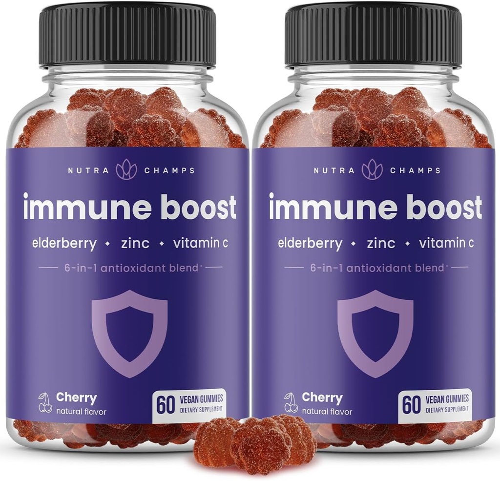 Imunitní podpora Gummies current 124; Mocná směs Elderberry, Vitamin C, Zinek, Echinacea, Astragalus Root & Ginger current 124; Imunitní posilovače pro dospělé a děti dodatek current 124; Vegan & Non- GMO current 124; Cherry currency 124; 60 Ct (2 balení)