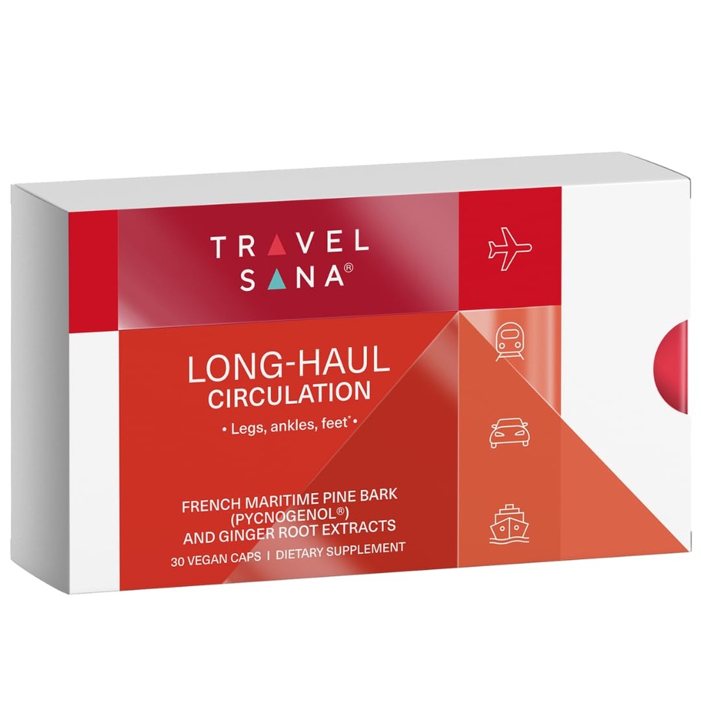 Long- Haul Circulation Relieves Leg Discomfort, Reduces Swingled Feet, Nohy, Kotle z prodlouženého sezení, Cestování Essentials, Pycnogenol 100mg, Ginger Extract, 30 Servings (Veg Caps)