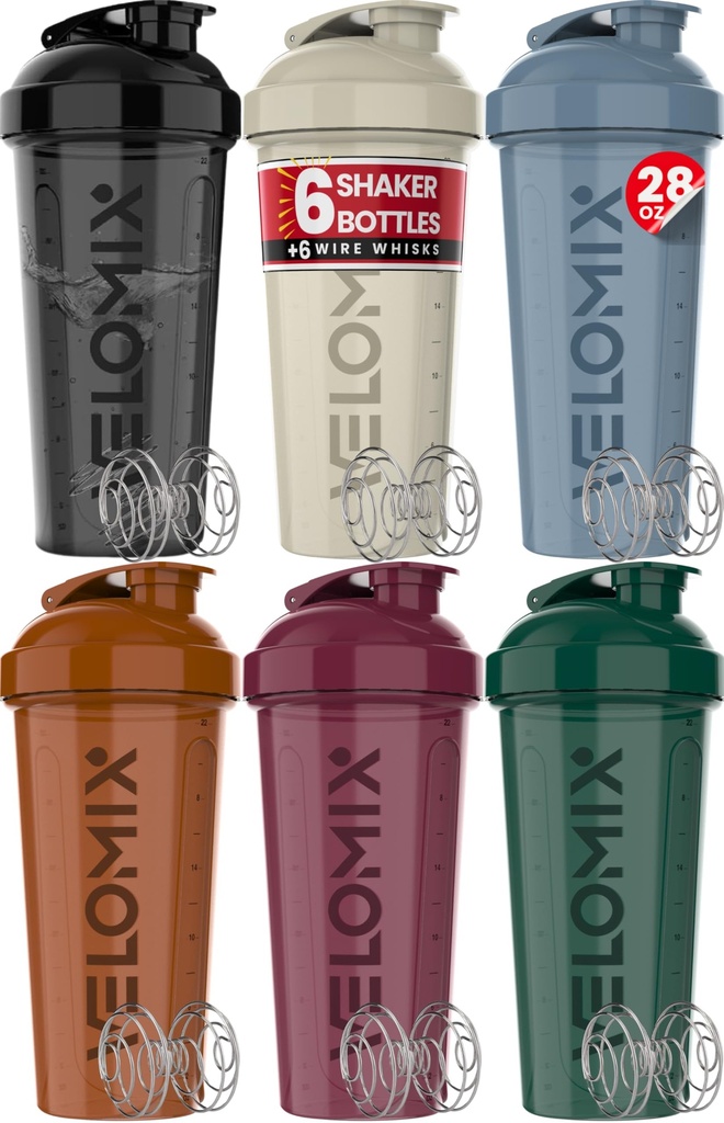 VELOMIX -6 balení - 28 oz Lahvička s proteinem pro proteinové směsi - 6x Wire Whisk CUP 124; Leak Proof Shaker Cups pro proteinové třepačky 124; Protein Shaker Lahvička Balení s proteinem 124; Protein Shake Cup (Earth Tones Collection)