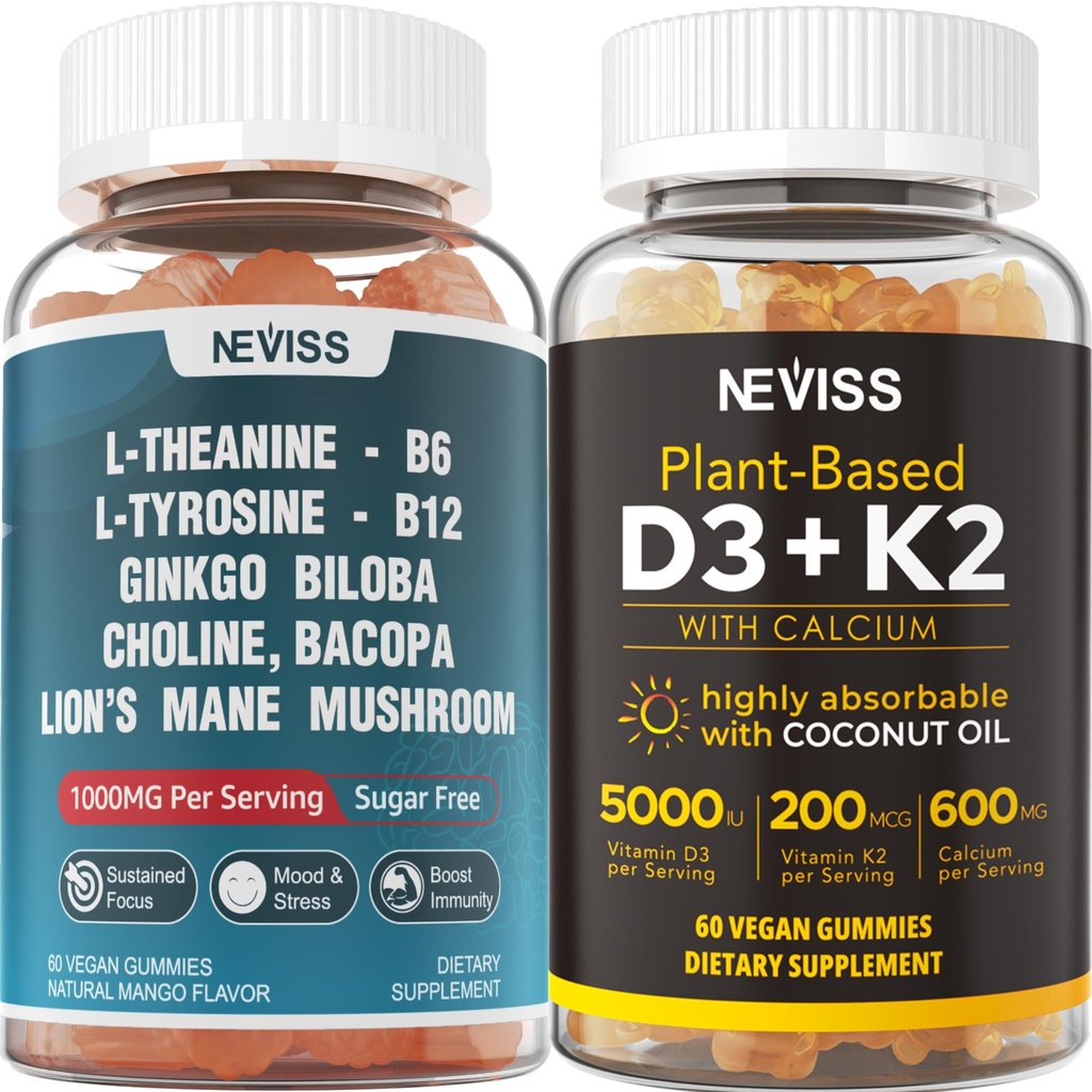 NEVISS Sugar Free L- Tyrosin L- Theanine Gummies 120 Počet + Bez cukru D3 5000IU K2 Gummies 120