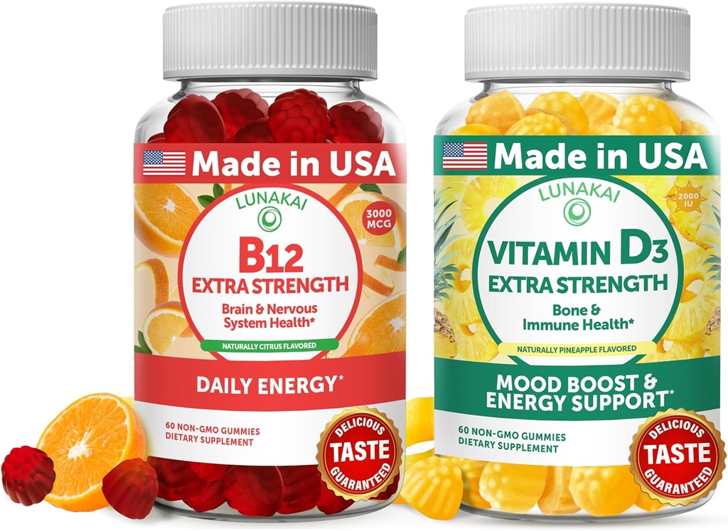 Lunakai Vitamin B12 a Vitamin D3 Gummies Bundle - 3000 mcg B12 a 25 mcg 1000 UI VIT D3 - Gluten Free, No Corn Syrup, Organic, Non- GMO, Plant based Gelatin Free