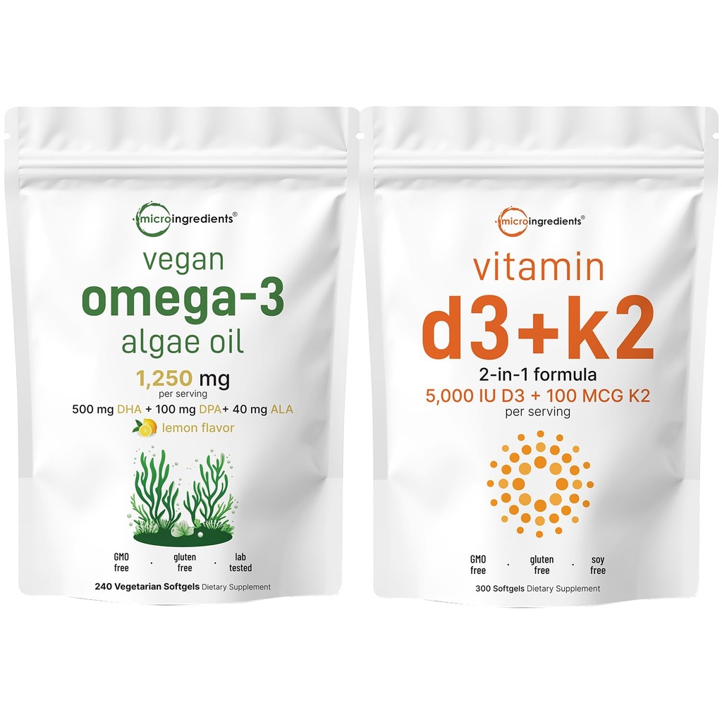Micro Ingredients Vitamin D3 5,000iu + K2 100mcg Softgels & Vegan Omega 3 Řasy doplněk olej Bundle 2 balení 124; Essential Sunshine Vitamíny Sp. 124; Omega33 Full Spectrum Alternative to Fish Oil