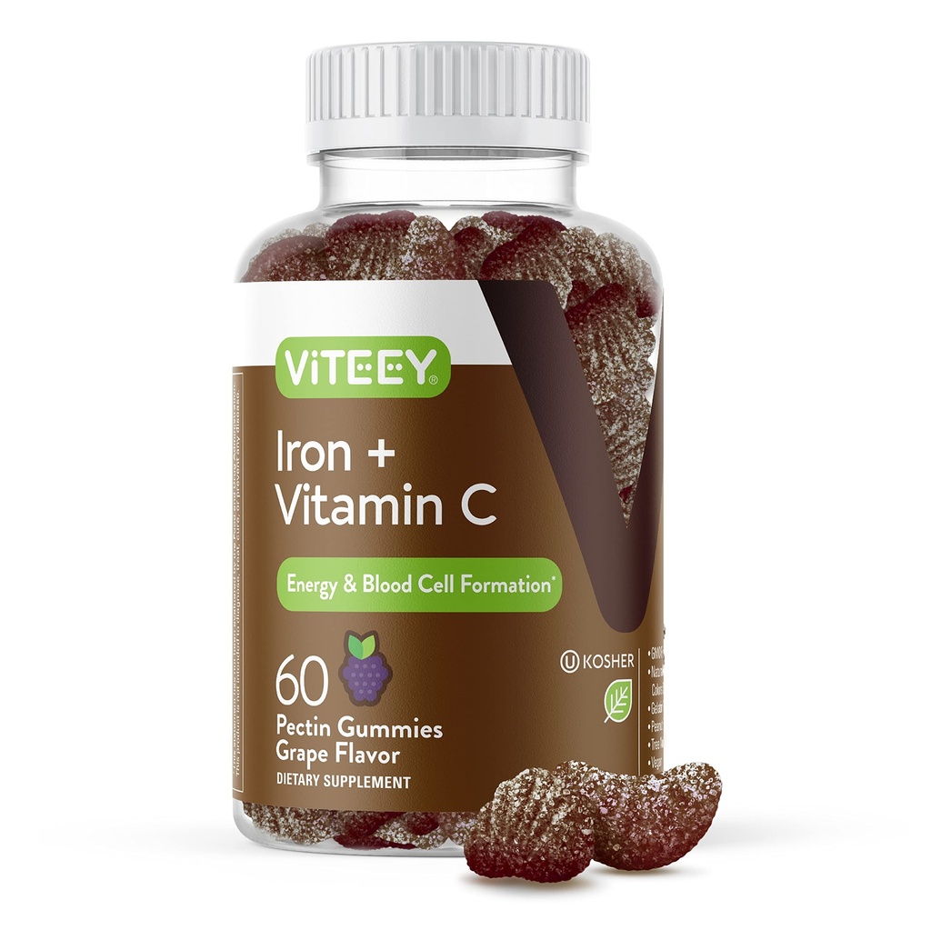 Viteey Iron Gummies - Železo s vitaminem C - Energie, podpora prsou a anémie dodatek pro ženy a muže - Vegan, gluten zdarma - 60 Počet