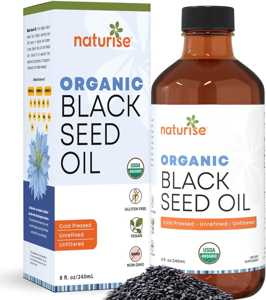 Organický černý olej ze semene (Nigella Sativa, Cumin Seed) Cold Pressed Non- GMO, 8 oz Glass Bottle Source of Essential Fatty Acids, Omega 3 6 9 "