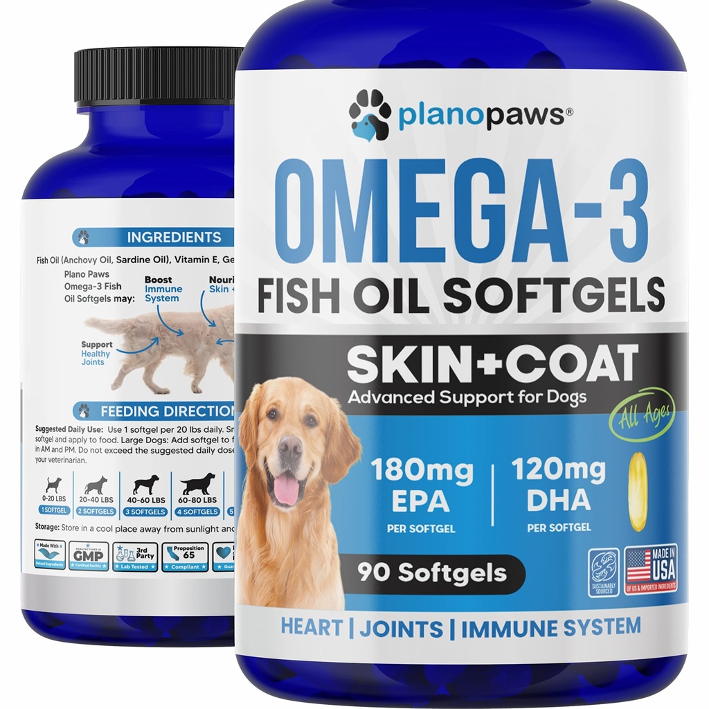Omega 3 Rybí olej pro psy - Lososový olej pro psy - Doplněk k psu Rybí olej Může pomoci vypouštění, alergie, Itch Relief - Podporuje suchou pleť, sponky - Dog Skin and Coat Supplement - 90 Rybí olej pilulky EPA DHA