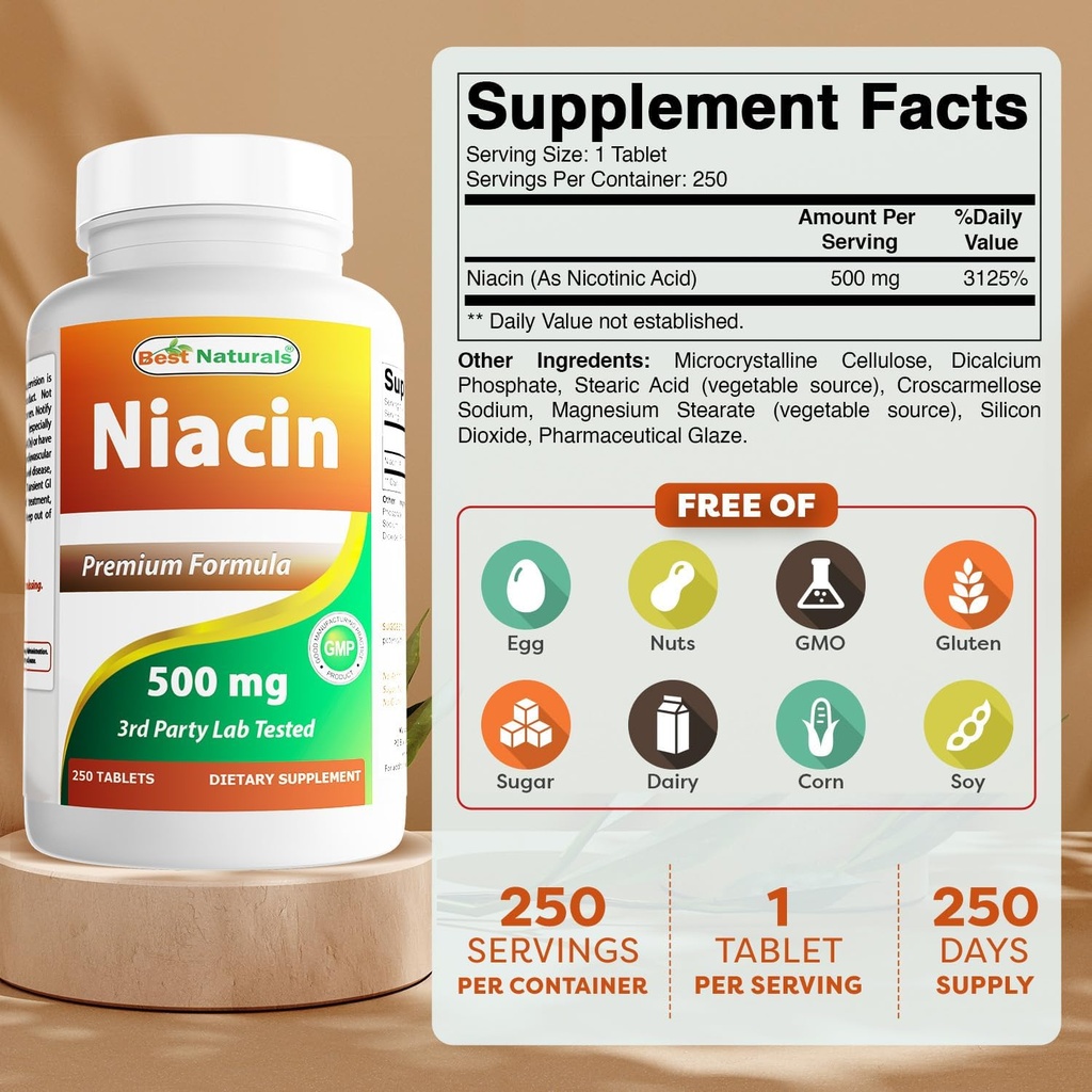 Nejlepší Naturals Niacin 500mg 250 Tablety s Flushing - Také nazývá vitamin B3 (250 Počet (Balení po 2))