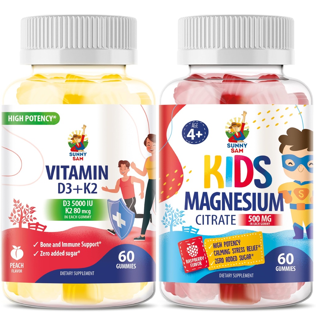 Gumerie hořčíku pro děti a vitamín D3 K2 Gummies 5000 IU - Imunitní a kostní podpora - Sugar- Free Vitamin D Gummy dodatek - High- Absorpce, Vegan, gluten- Free Gummies pro dospělé