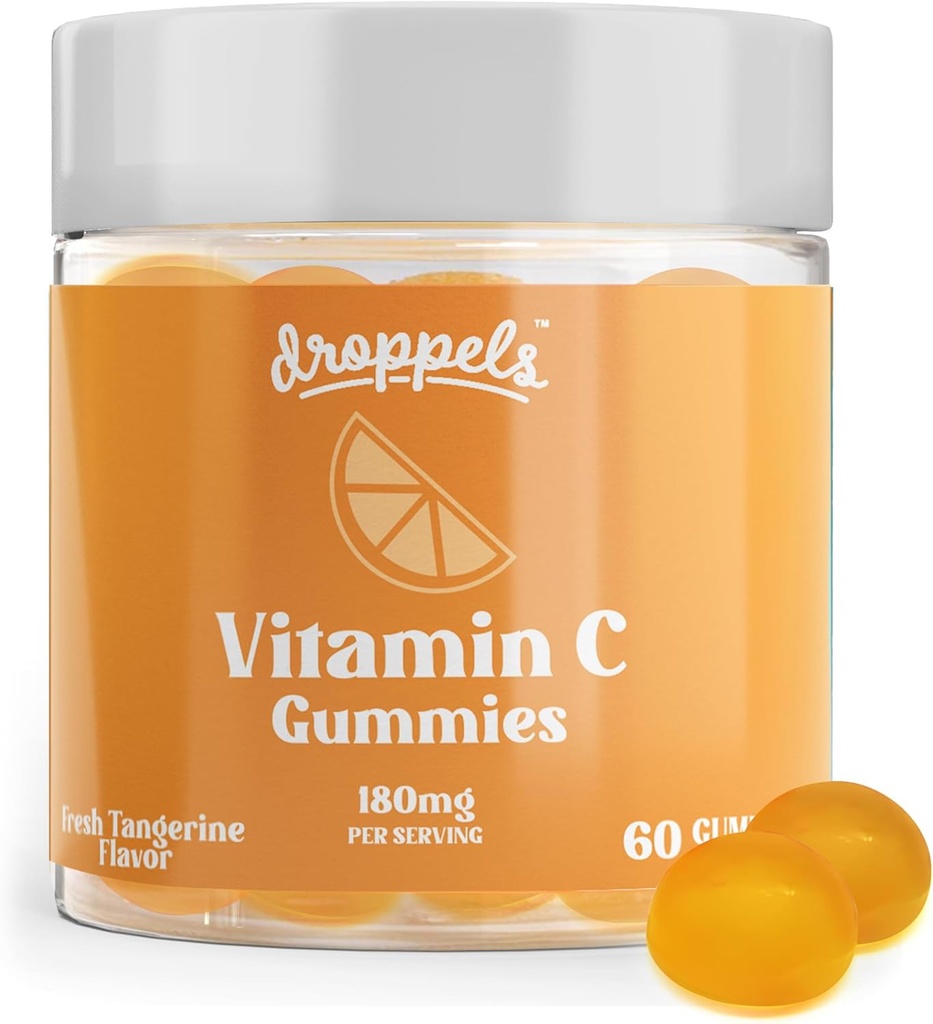 Droppels Vitamin C Gummies, 180mg - Vegan, Pectin Plant- Based Imunitary Support Booster Supplementary - Tangerine Flavor, 60 Počet (1- Month Supply)