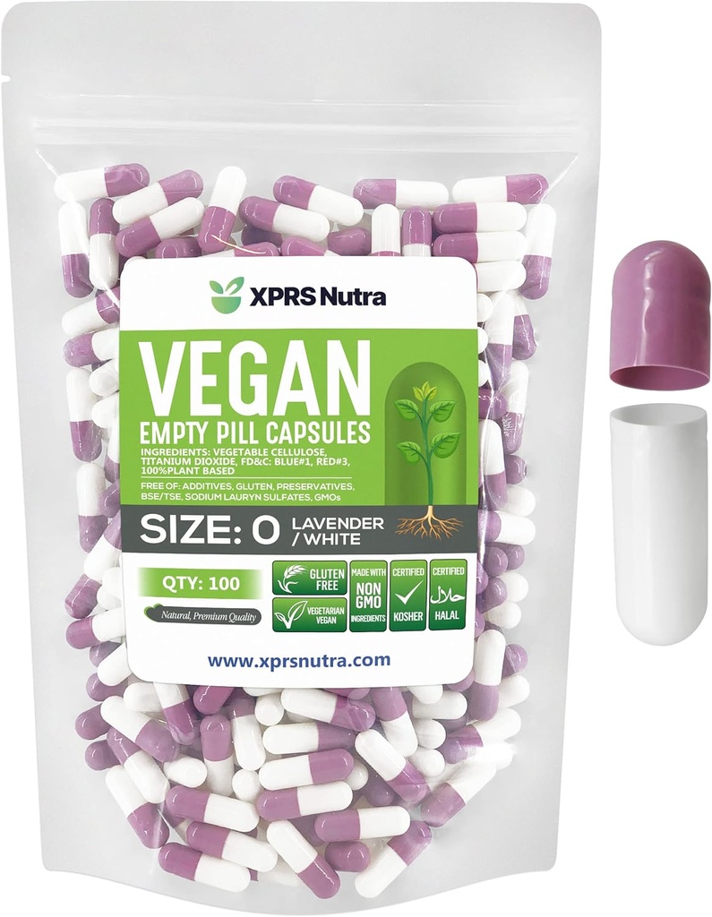 XPRS Nutra Velikost 0 Prázdné kapsle - 100 hrabě Prázdné Vegan Kapsle - Vegetariánské pilulky DIY Zeleninové kapsle Plnicí - Veggie Pill Caps pro Do- It- Vaše vlastní doplňky (Lavender / White)