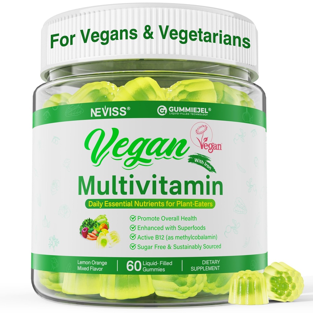 NEVISS Vegan Multivitamin pro ženy a muže w / methyl B12, D3 K2, Omega na bázi rostlin 3 (DHA + EPA), železo, Cholin, zinek, celopotravinové vitamíny pro vegetariány a vegetariány, bez cukru, 60Cts