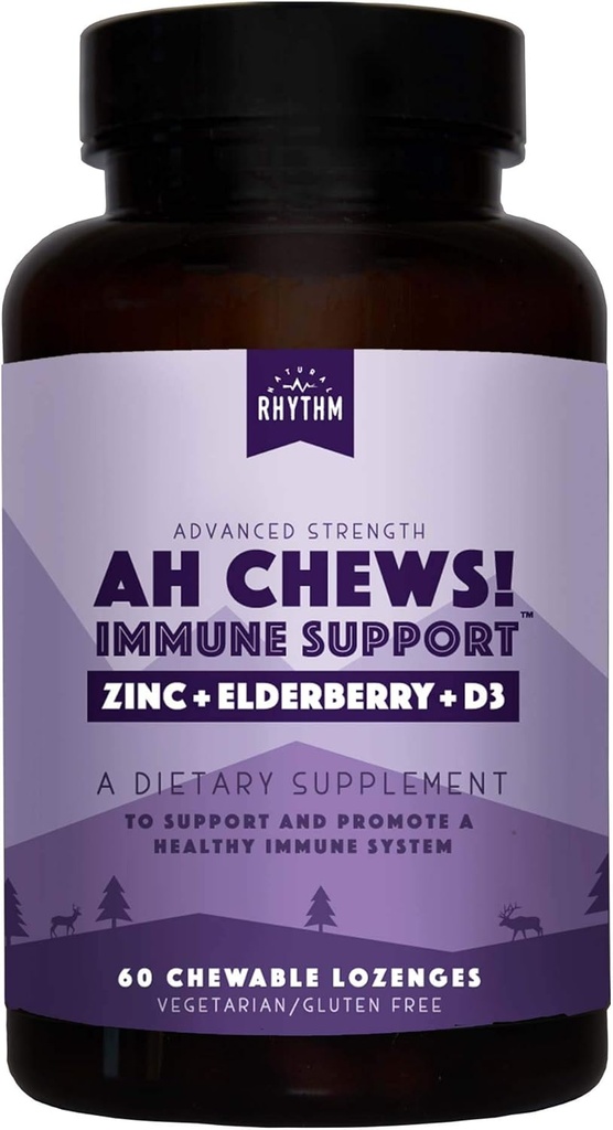 Natural Rhythm Ah Chews! Imunitní Booster Lozenges pro děti a dospělé, No Add Sugar, s Elderberry, Zinek & Vitamin D3, 60 Kapsle
