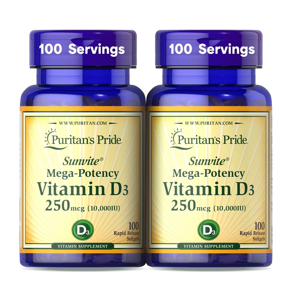 Puritan 's Pride Premium Sunvite ™ Mega- potence Vitamin D3 10.000 IU, Dietní dodatek pro zdravé kosti, zuby, a imunitní systém podpora, 100 Rychlé uvolnění Softgels