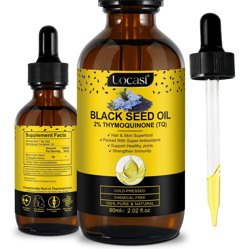 Uocasi Black Seed Oil, Studené lisované, 100% čisté a přírodní, růst vlasů a péče o pleť, 2.02 Fl Oz