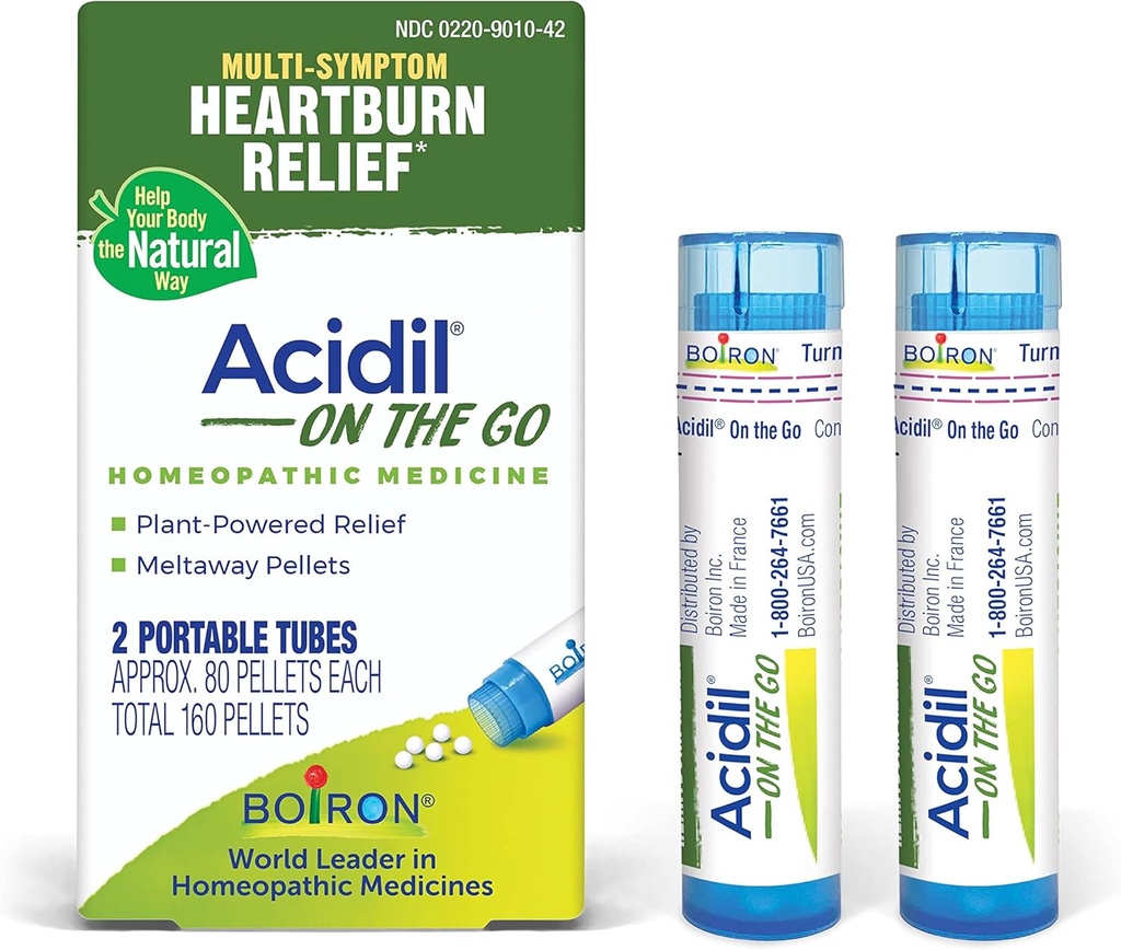 Boiron Acidil On The Go Travel Essential for Relief of Acid Reflux, Heartburn, Požití, Bloating, a Upset Stomach - 2 Počet (160 Pelety)