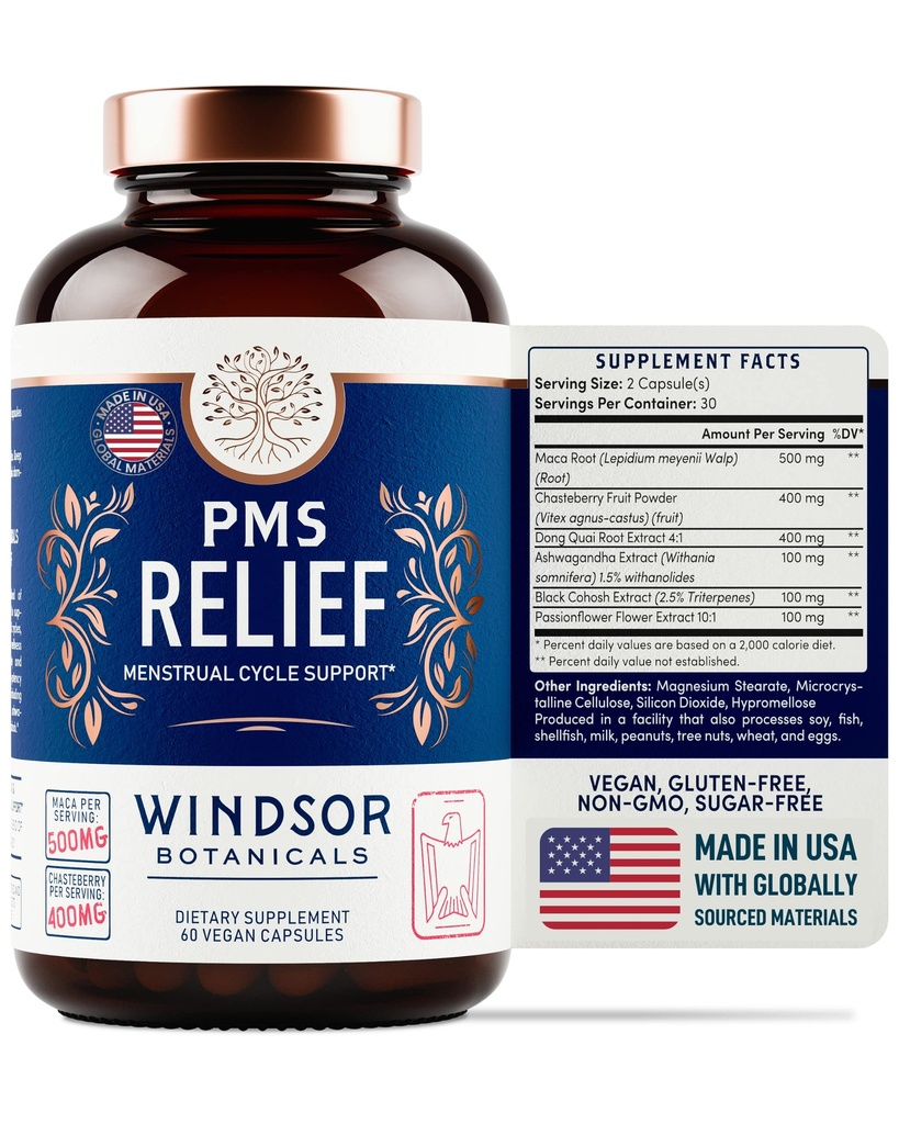 PMS Support Dodatek pro ženy s Chasteberry, Maca Root, Ashwagandha - Period Relief, Bloating Relief pro ženy, Mood Support, Hormon Balance Bylinné doplňky - 30 Den, 60 Vegan Kapsle
