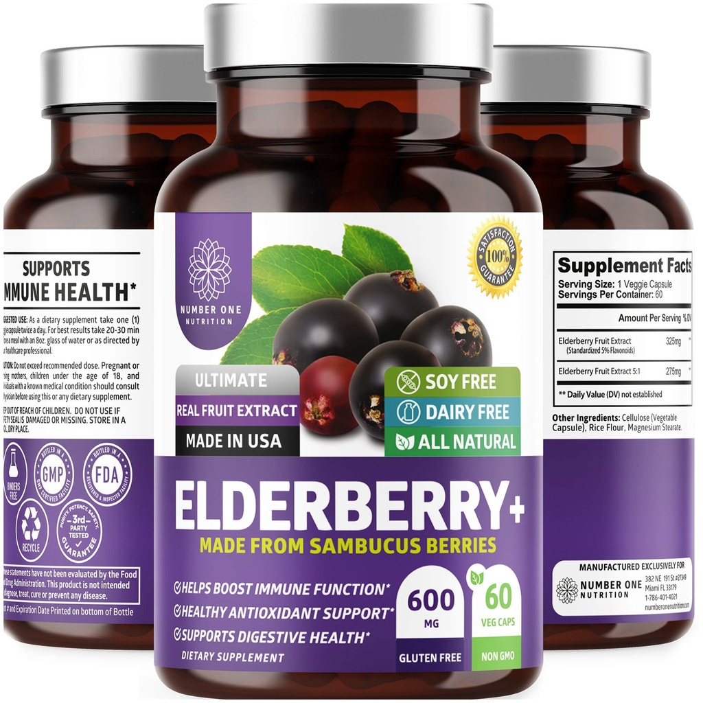 N1N Premium Black Elderberry Kapsle pro dospělé [Max síla] Čisté a potentní Elderberry od Sambucus Nigra na podporu imunity a zdraví kůže, Non- GMO, Gluten zdarma, 60 Veg Caps