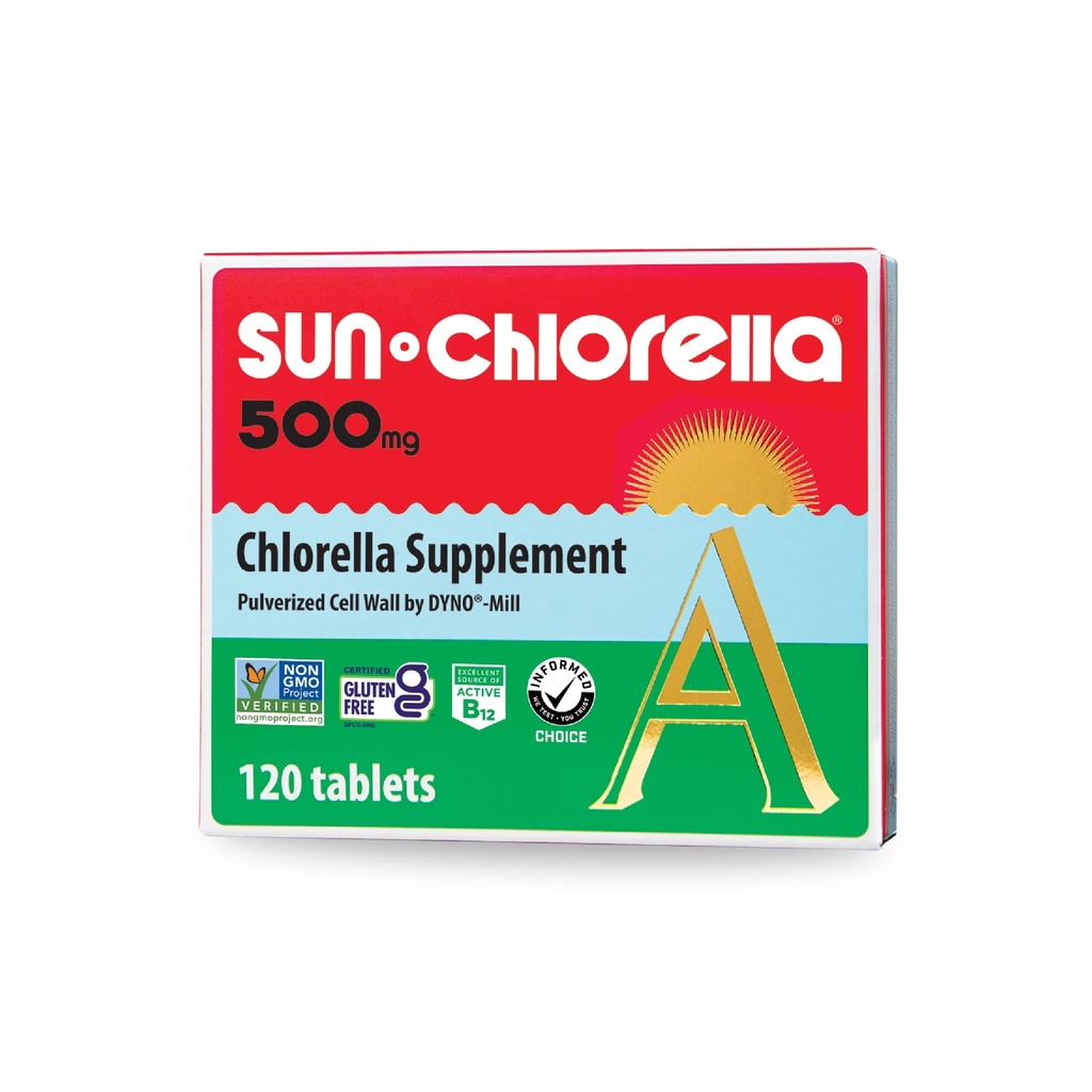 Sun Chlorella 500mg Celé tělo Wellness Green Algae Superfood dodatek - imunitní obrana, Gut zdraví, Přírodní purifikace, Energy Boost - chlorofyl, B12, železo, protein - Non- GMO - 120 Tablety