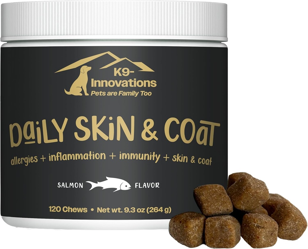 K9-Inovace - Denní pokožka & Coat Dog Chews Salmon Flavor - Snížit svědění a žvýkání tlapek, Omega 3 & VIT C pro zdraví pokožky - 1-4 Měsíční dodávky (120qty)