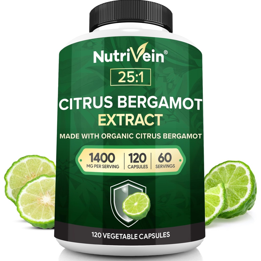 Nutriveral Premium Citrus Bergamot Dodatek 1400mg 25: 1 Bergamia Extract - 60 denní dodávky (120 Kapsle): Výkonný italský Citrus Bergamot 1400 mg + vysoká koncentrace - srdce a oběhový systém