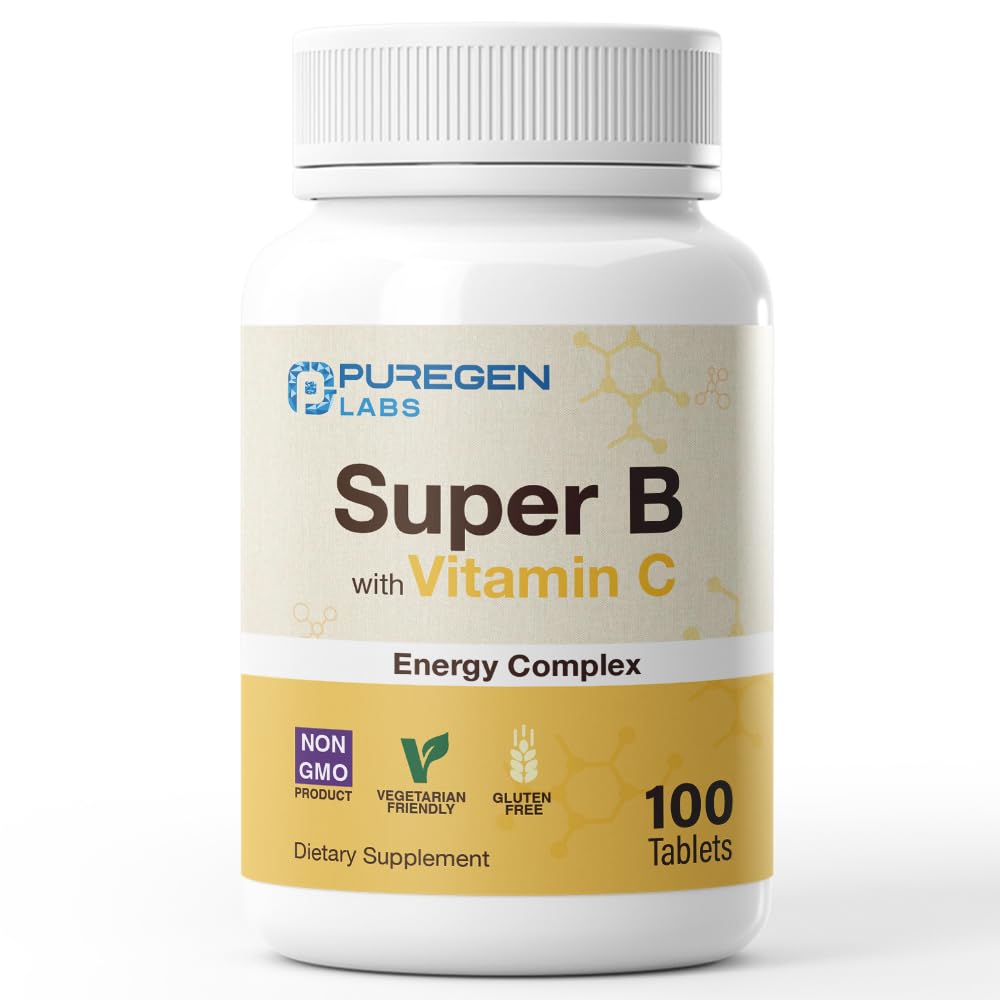 Puregen Labs Super B Energy Complex s vitamínem C - Imunitní zdraví, Energie & Nervový systém Podpora - Non- GMO, Gluten- Free 100 Vegetariánské tablety