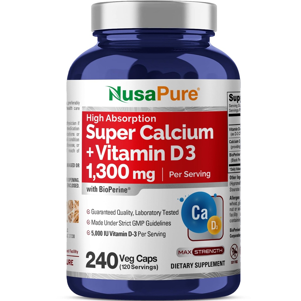 NusaPure Super Calcium 1300mg, Vitamin D3-240 Veggie Caps (Non- GMO, Soyfree, Bioperin)