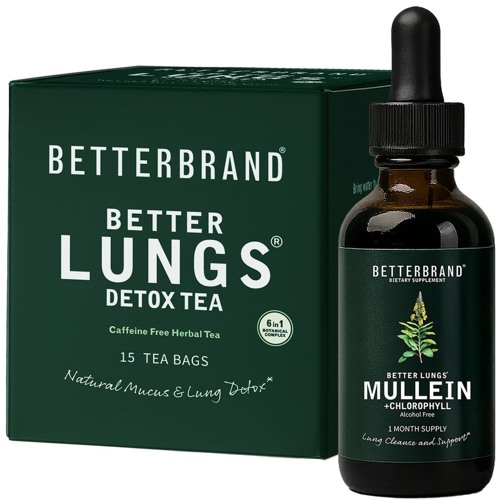 Betterbrand BetterLungs Health Pack - Lepší plíce Detox čaj & Mullein Leaf tinktura kapky 124; (2) Denní Respirační Wellness