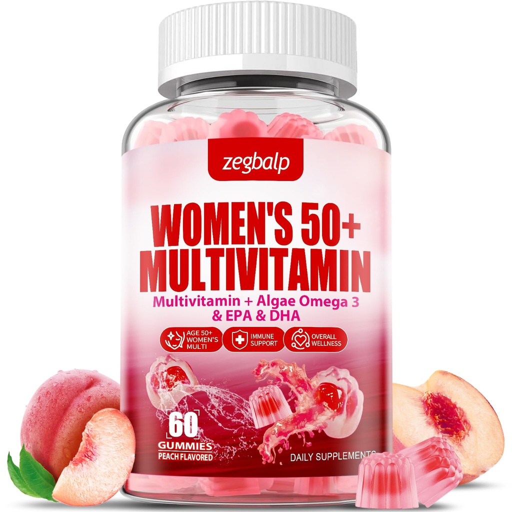 Sugar- Free Womens Multivitamin 50 Plus Gummies s vápníkem, hořčík, zinek, vitamín A, C, D3, E, K2, B Complex, Folát, Biotin - Multi vitamíny a minerální látky pro pleť, energie, imunitní podpora