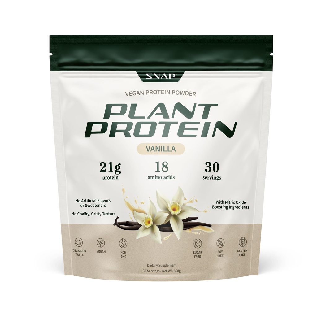Snap doplňky Organic Plant Based Vegan Protein Powder Nitric Oxide Boosting Protein Powder, Vanilla Bean, BCAA Amino Acid for Muscle Growth, Performance & Recovery - 30 Servings (Vanilla)