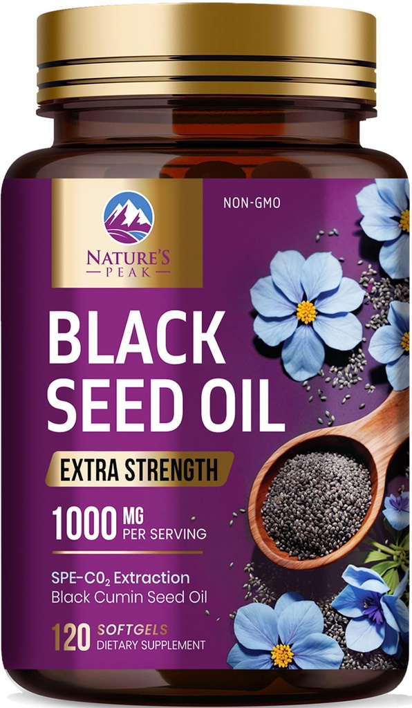 Black Seed Oil 1000mg - Premium Extra Strength Nigella Sativa Blackseed Oil - Black Seed Oil Skin, Digestive Health & Imunitation Support - Non- GMO Antioxidant, gluten zdarma dodatek - 120 Softgels
