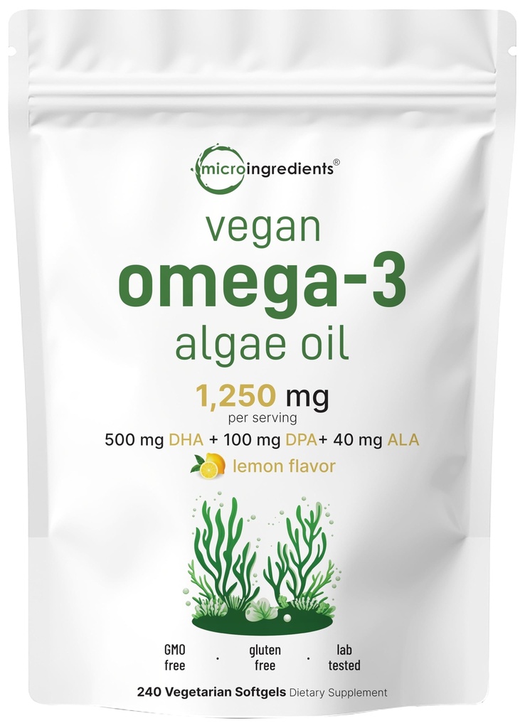 Micro Ingredients Vegan Omega 3 Algae Oil, 240 Veggie Softgels Omega 124; Fish Oil Alternative Omega 124; DHA 500mg & DPA 100mg Omega 124; Karagenan Free Omega 124; Plant- based Omega 3 with Flaxseed & ALA Omega 124; Citron ochucený